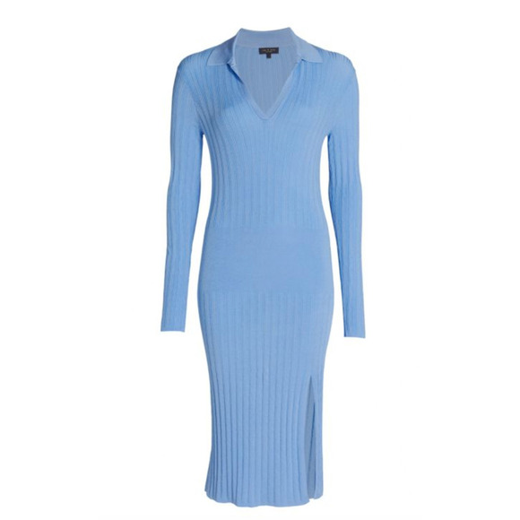 Rag & Bone Dawson Polo Dress Ribbed Knit Stretch Blue Long Sleeve Slit XLarge - Picture 5 of 13